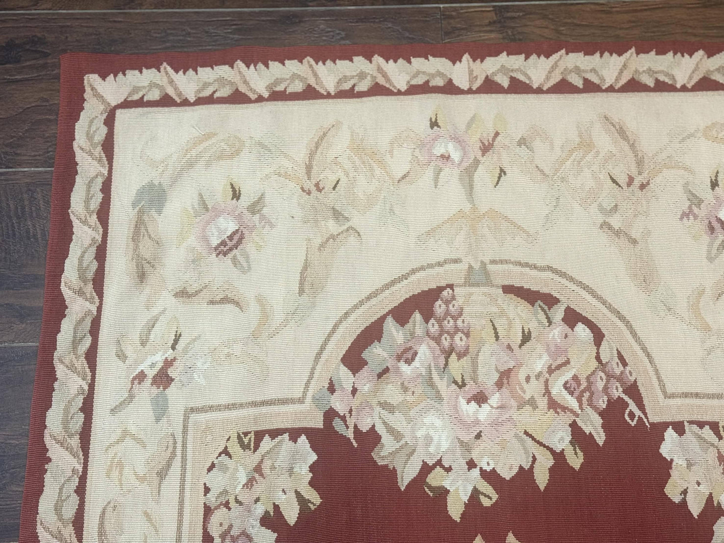 Aubusson Runner Rug 3x10 Handmade Wool European Design in Red and Beige