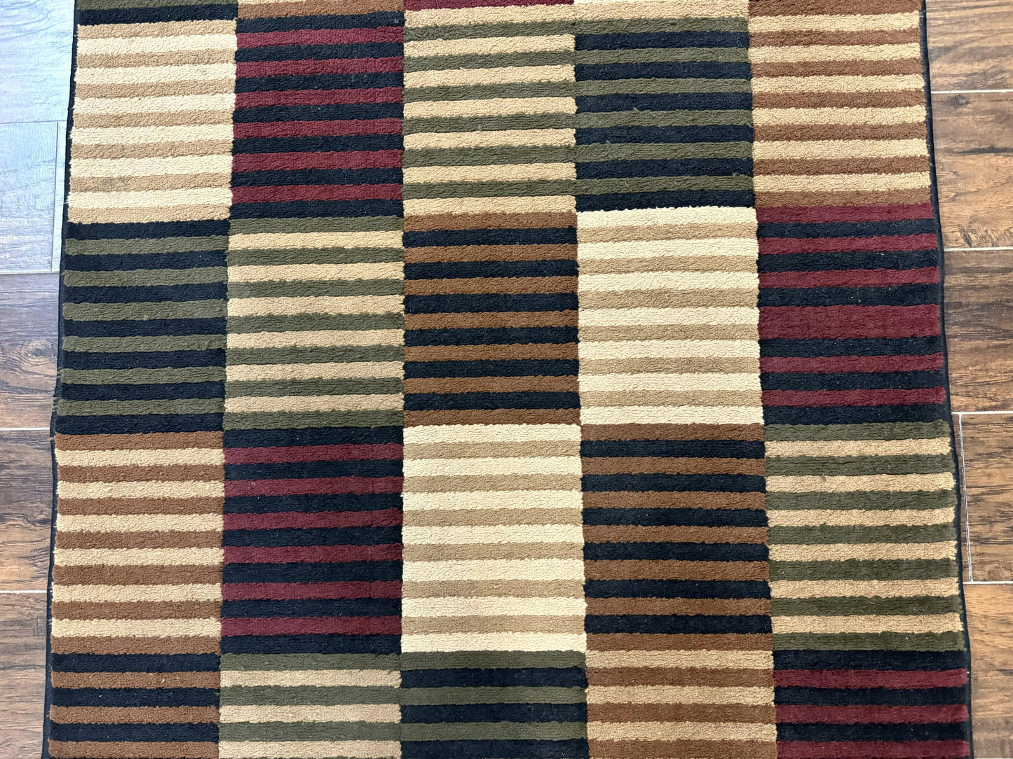 Vintage Power Loomed Wool Rug 3.6 X 5 Box Design In Brown Beige Black Tan