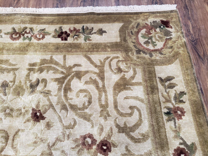 Vintage Nepali Tibetan Aubusson Wool Rug Hand Knotted 6x9 Cream Beige Leaves Floral Pattern
