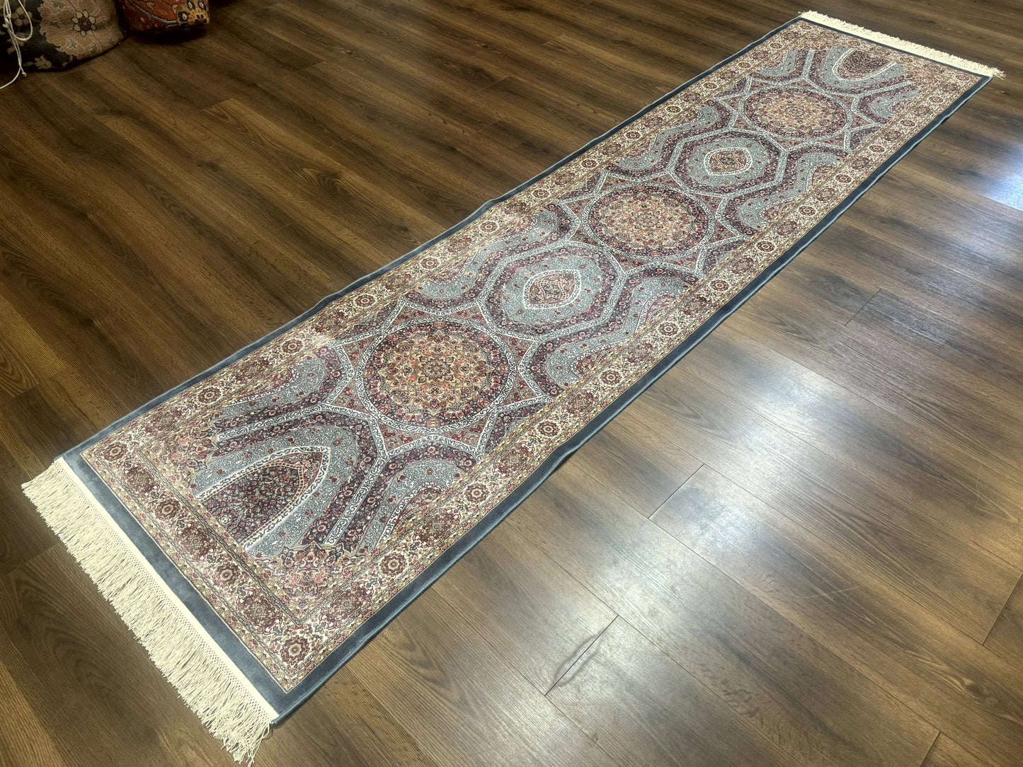 Turkish Silk Runner Rug 2.6 By 10 Feet Bamboo Silk Hereke Contemporary Light Blue