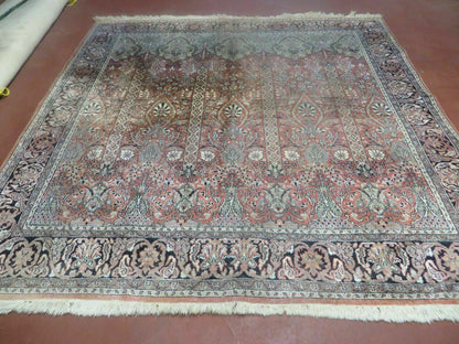 Vintage Indian Silk Rug Kashmir Handmade 6x6 Square Carpet