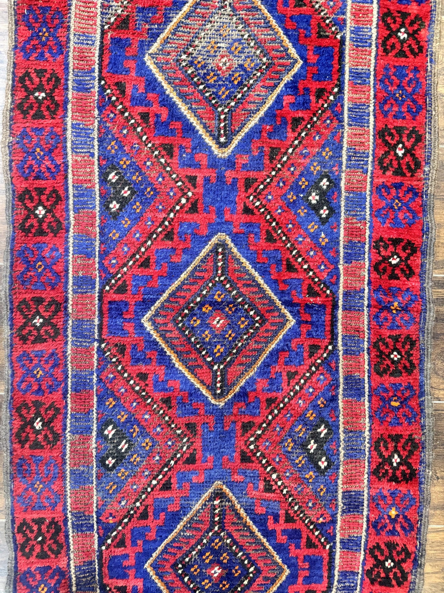 Turkoman Runner Rug 2x8.6 Handmade Wool Hallway Runner Vintage Red Blue