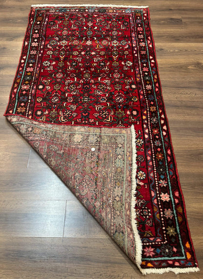 Red Persian Rug Hamadan 4x7 Vintage Wool Village Carpet With Floral Geometric Border