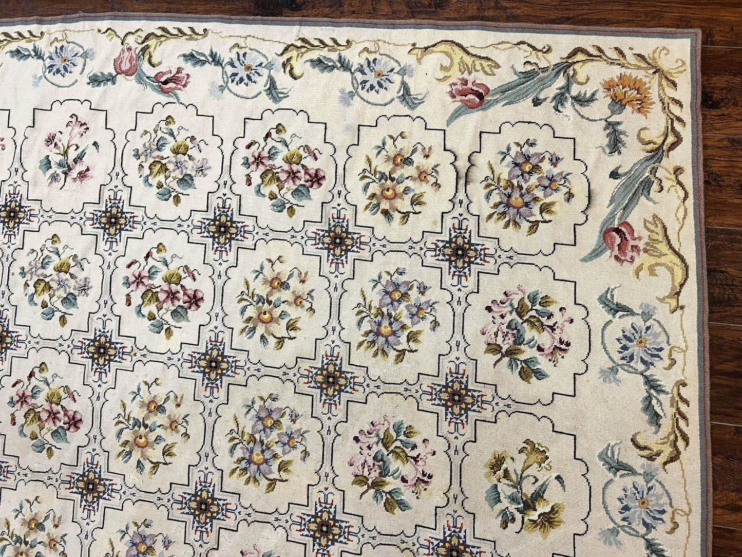 Needlepoint Rug 10x14 Wool Handmade Vintage Floral Panel Ivory Cream