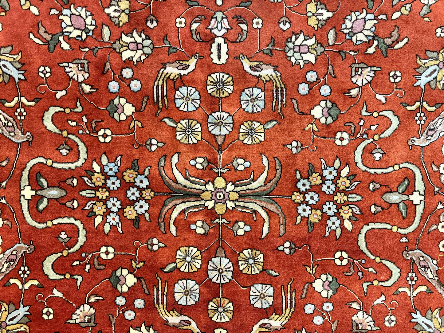 Romanian Rug Vintage Hand Knotted Wool Carpet 10x13 Floral Birds Red Cream Signed Masterweaver