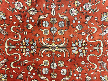 Romanian Rug Vintage Hand Knotted Wool Carpet 10x13 Floral Birds Red Cream Signed Masterweaver