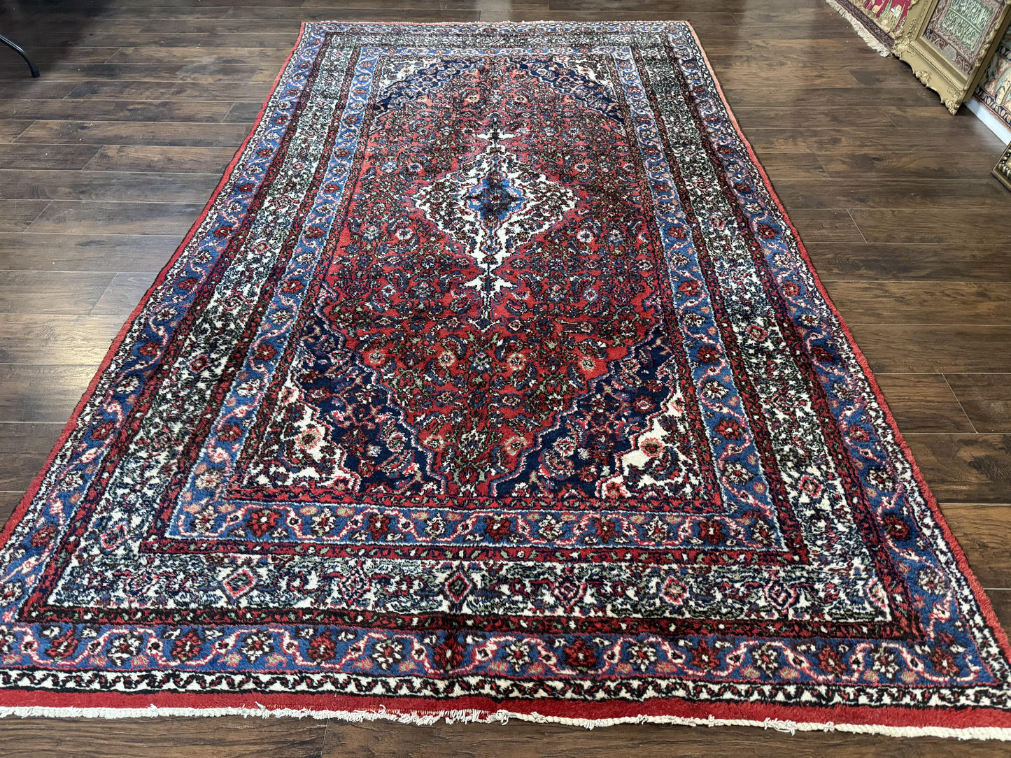 Persian Tribal Rug 6x11 Red Blue Ivory Antique Carpet Hamadan Dargazin Hand Knotted