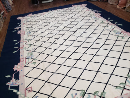 Vintage Wool Dhurrie Rug Handwoven Indian Kilim Flatweave Black White