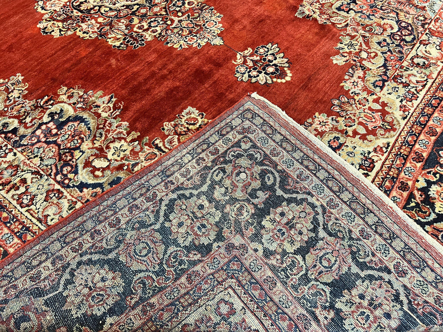 Persian Sarouk Rug 11x14 Handmade Wool Floral Red And Blue Semi Antique