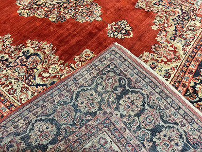 Persian Sarouk Rug 11x14 Handmade Wool Floral Red And Blue Semi Antique