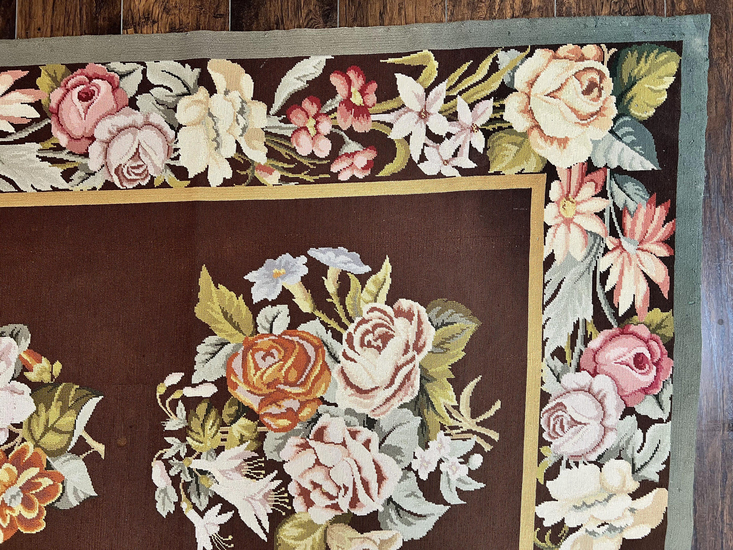 Vintage Needlepoint Rug 9x12 Handmade Wool Carpet With Floral Bouquets European Design