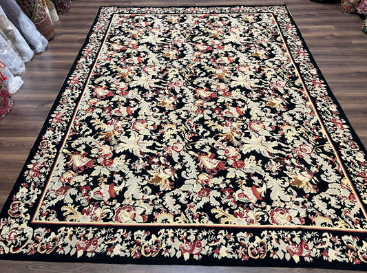 Wool Needlepoint Rug 9x12 William Morris Vintage Handwoven Floral Area Rug