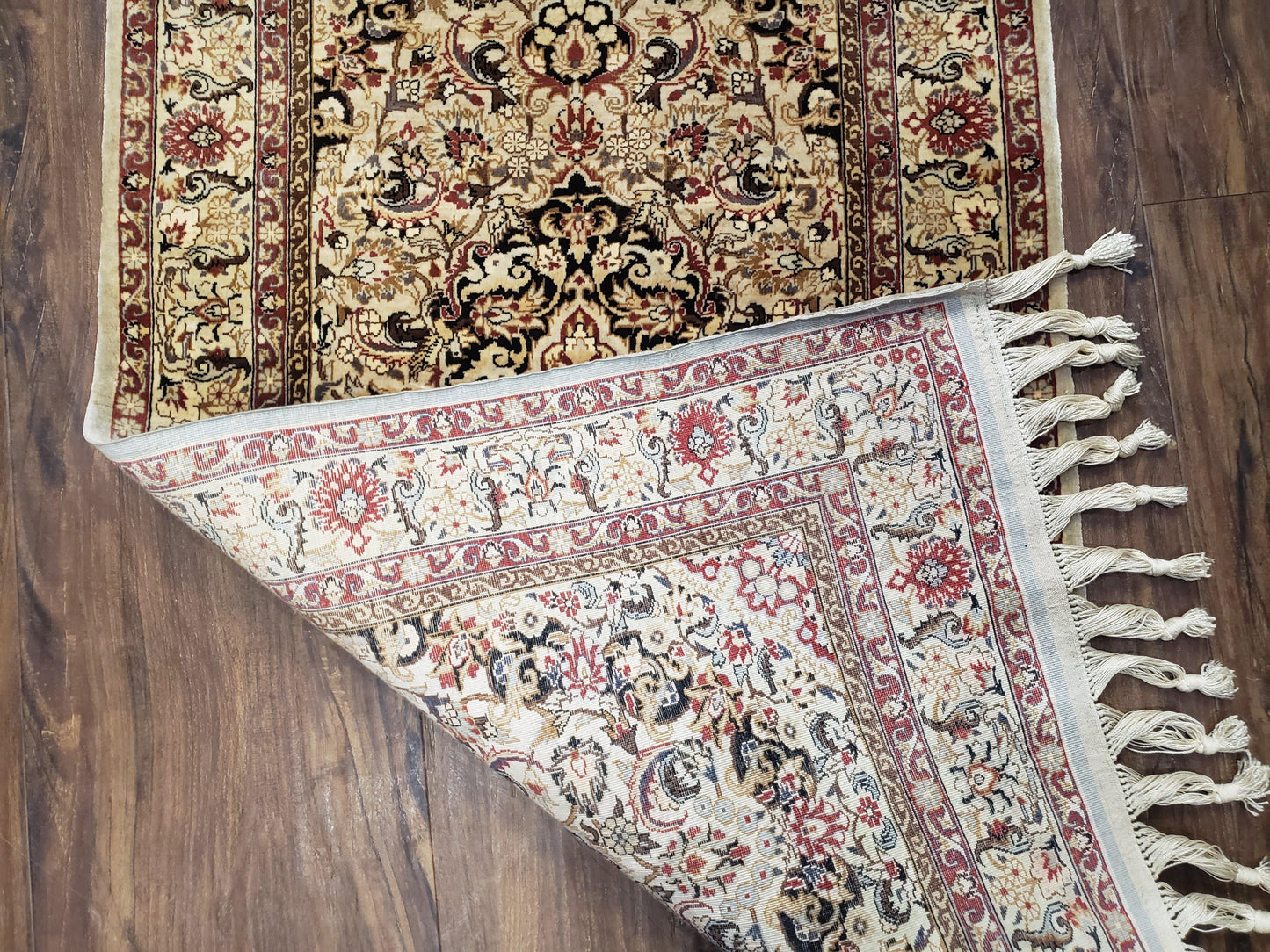 Hand Knotted Silk Oriental Rug 1 Foot 7 Inch By 3 Foot Floral Medallion Vintage Cream Beige