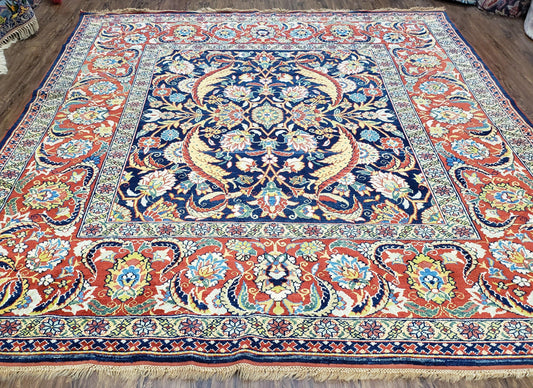 Turkish Mahal Rug 8x8.5 Handmade Wool Vintage Square Carpet In Blue Red Yellow