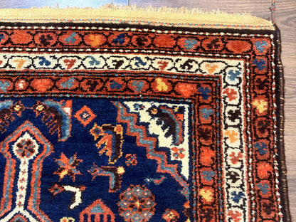 Persian Hamadan Rug 4x6 Antique Navy Blue Geometric Double Medallions Tribal Carpet