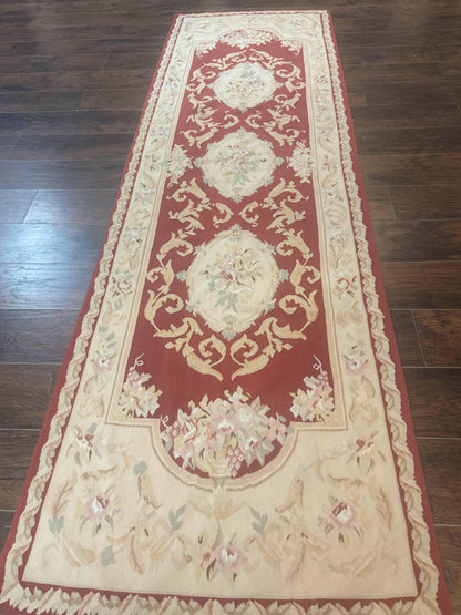 Aubusson Runner Rug 3x10 Handmade Wool European Design in Red and Beige