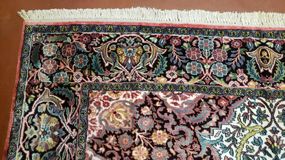 Indian Kashmiri Silk Rug 6x10 Ivory Floral Medallion Hand Knotted