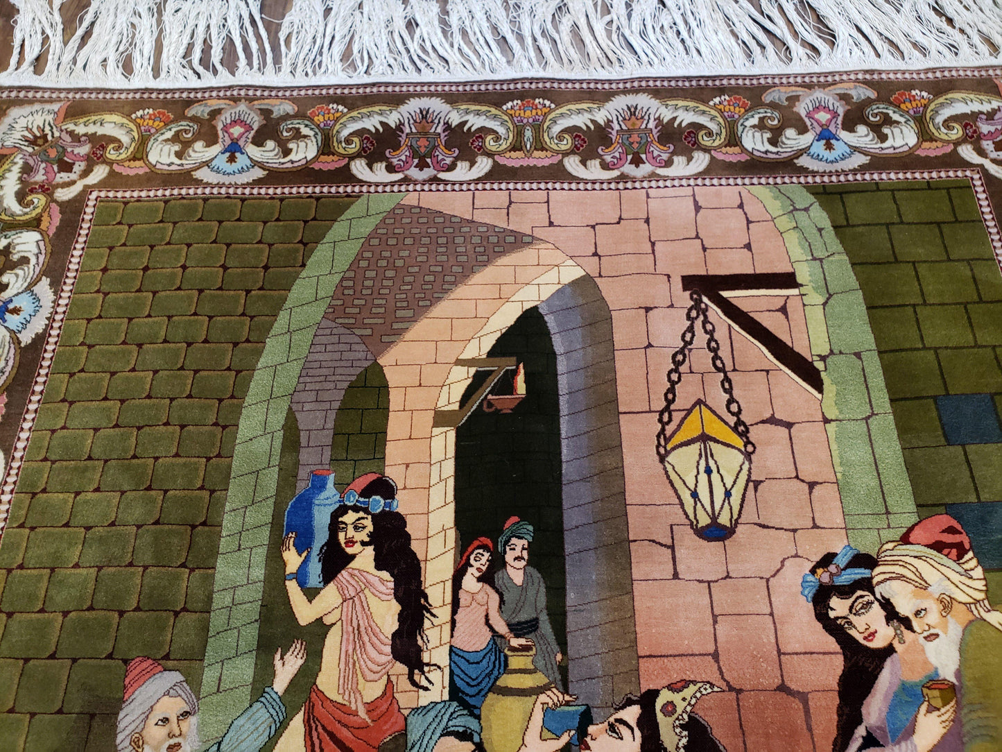 Semi Antique Persian Isfahan Pictorial Rug Handmade Wool Carpet 4x6 Decorative