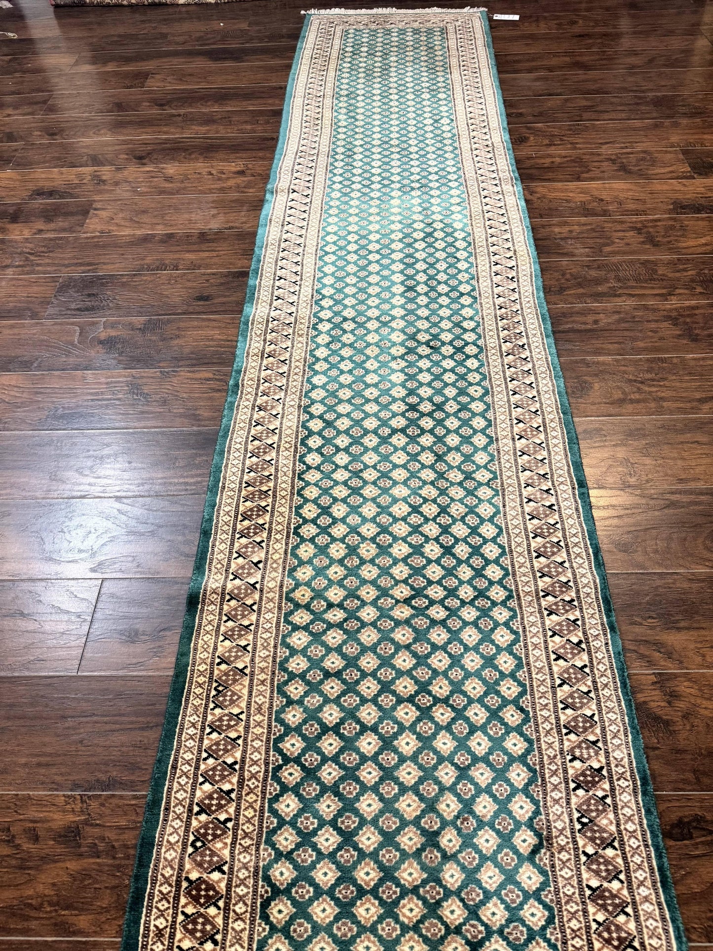 Pakistani Runner Rug 2.8 X 20 Hand Knotted Vintage Wool Turkoman Teal Tan