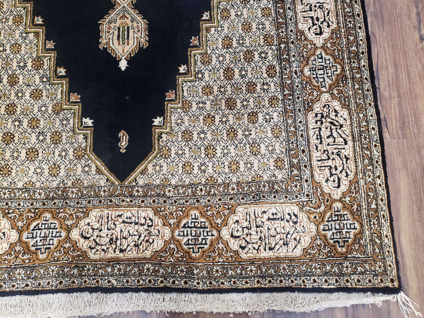 Persian Silk Qum Rug Hand Knotted Silk On Silk Luxury Vintage Area Rug Black Gold Beige 3 Ft 6 In By 5 Ft 5 In
