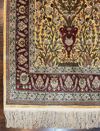 Hereke Silk Prayer Rug Tree of Life Handmade in Gold Burgundy