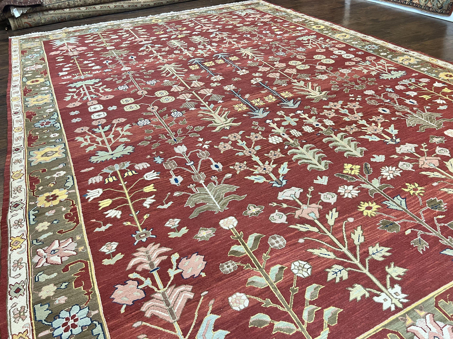 Wool Hand Knotted Indian Rug 10x14 Tree of Life Red Green Contemporary Carpet