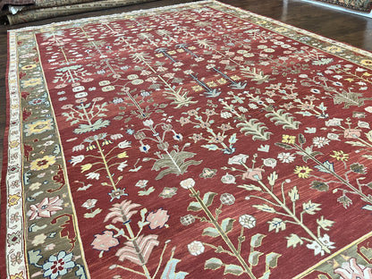 Wool Hand Knotted Indian Rug 10x14 Tree of Life Red Green Contemporary Carpet