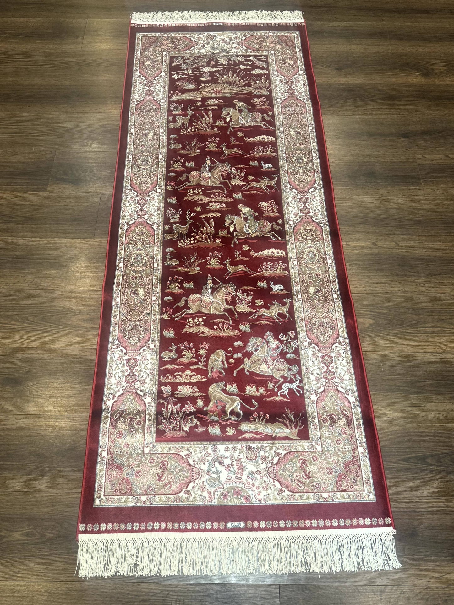 Turkish Silk Rug Runner 2.6 By 6.7 Red Ivory Hunting Design Bamboo Silk Contemporary