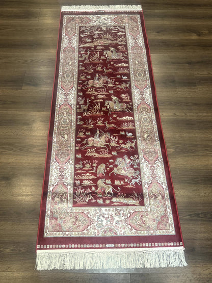 Turkish Silk Rug Runner 2.6 By 6.7 Red Ivory Hunting Design Bamboo Silk Contemporary
