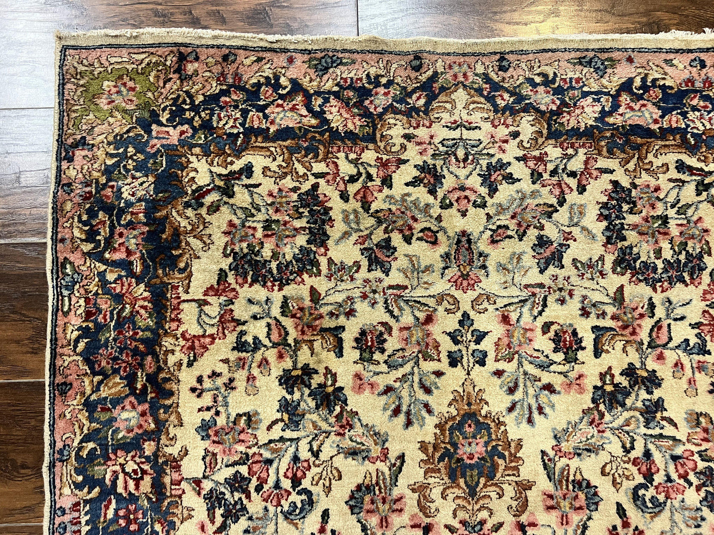Antique Persian Kirman Rug 4x7 Hand Knotted Wool Floral Carpet Cream And Navy