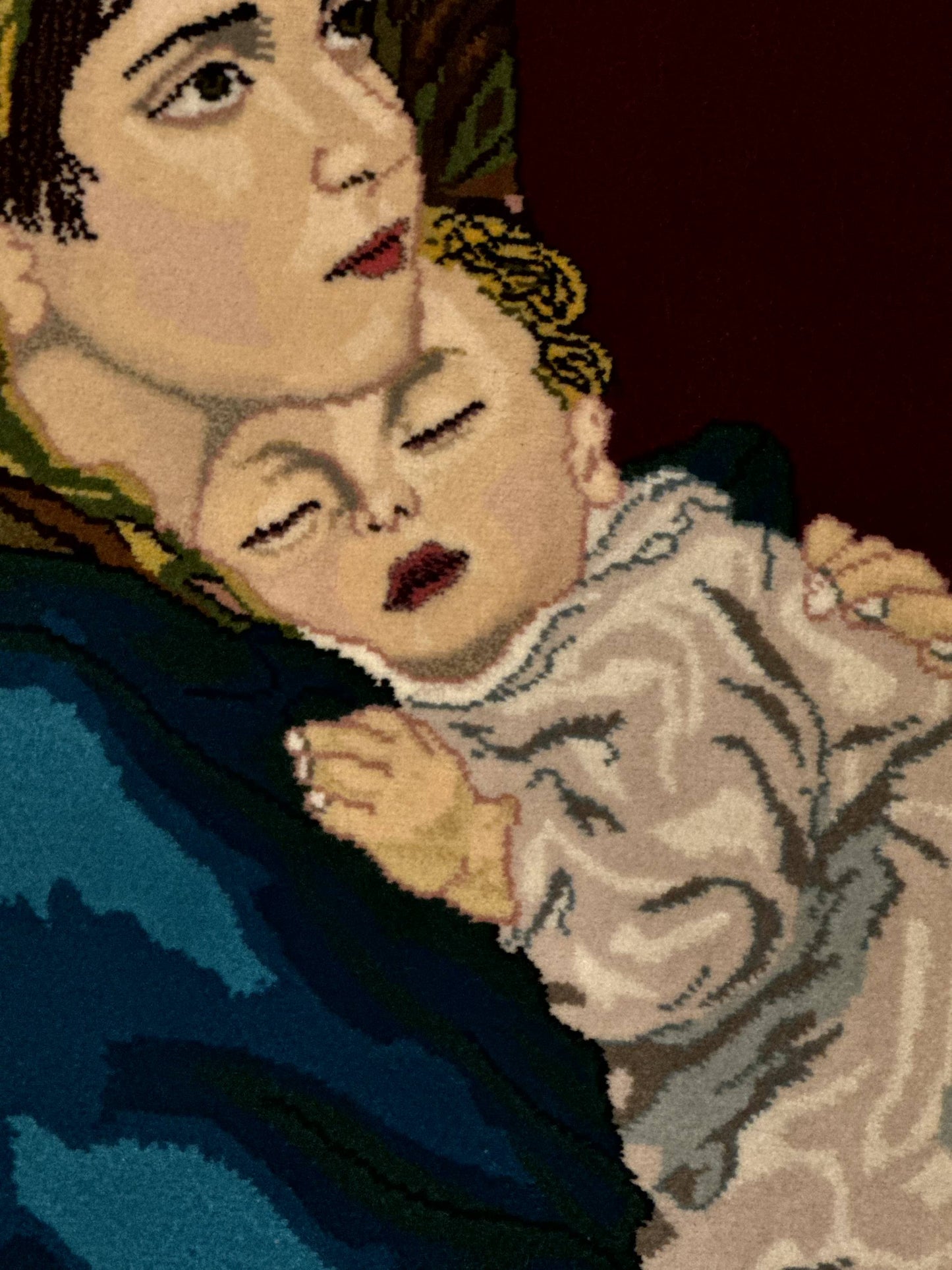 Persian Tabriz Pictorial Rug 2x2 Mother Holding Child Very Fine 340 KPSI Maroon