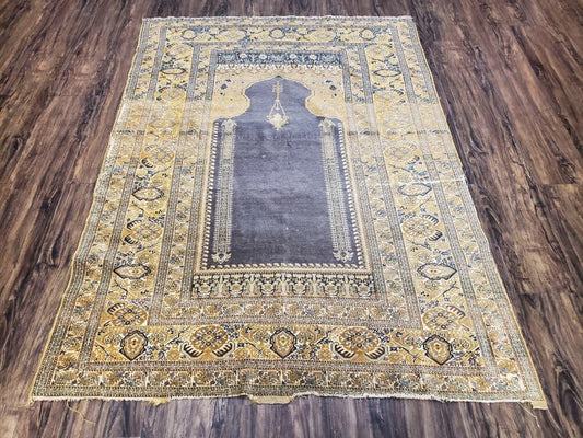Ghiordes Prayer Rug Turkish Hand Knotted Antique Nineteenth Century Museum Quality Blue Tan