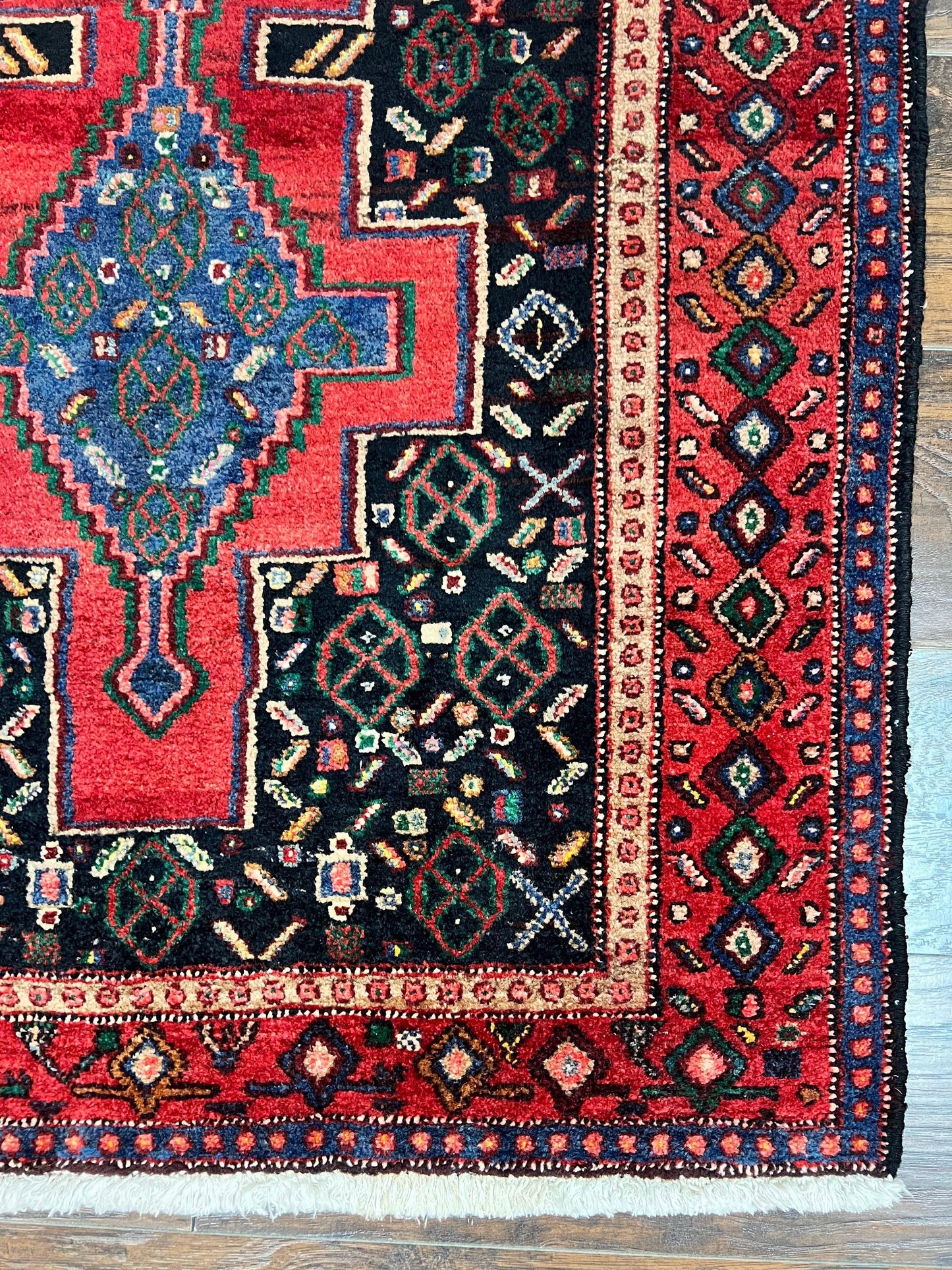 Senneh Runner Rug Persian Kurdish Handmade Wool 3x9 9ft Medallion Red Navy Blue Hallway Kitchen