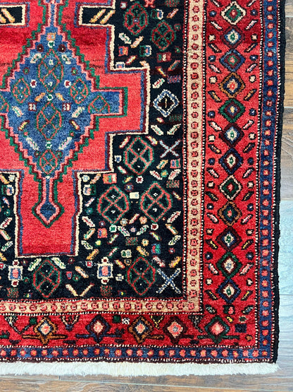 Senneh Runner Rug Persian Kurdish Handmade Wool 3x9 9ft Medallion Red Navy Blue Hallway Kitchen