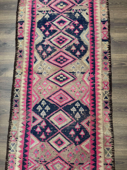 Turkish Runner Rug 3x10 Pink And Navy Blue Bohemian Hallway Kitchen Vintage Geometric Tribal