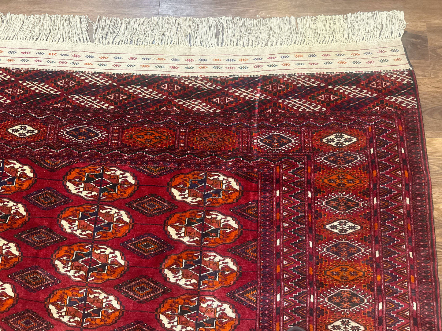 Persian Turkoman Rug 7x9 Antique Red Tribal Carpet With Gul Motif And Geometric Borders