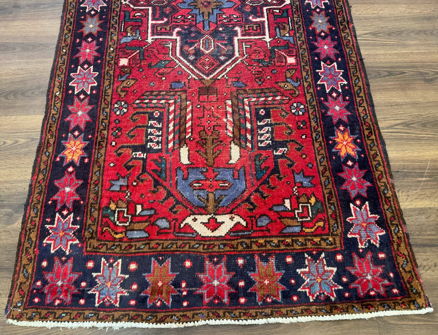 Persian Heriz Karajeh Runner Rug 3.7 x 12 ft Red Navy Geometric Medallions