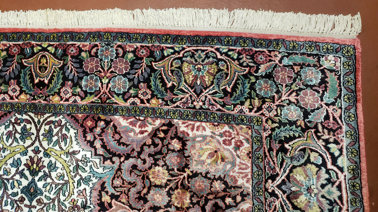 Indian Kashmiri Silk Rug 6x10 Ivory Floral Medallion Hand Knotted