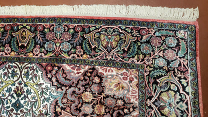 Indian Kashmiri Silk Rug 6x10 Ivory Floral Medallion Hand Knotted