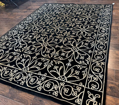 Tibetan Rug 8x10 Wool Silk Handmade With Raised Pattern Black And Gold Floral