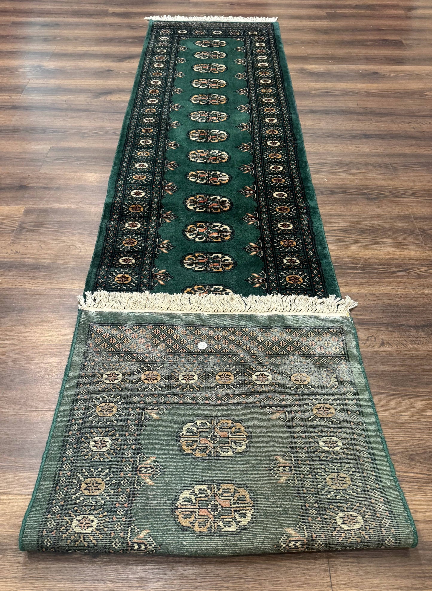 Pakistani Bokhara Runner Rug 2.5x11 Green Wool Hand Knotted Hallway Rug