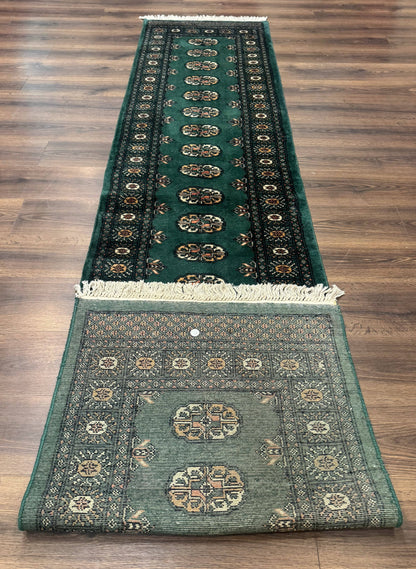 Pakistani Bokhara Runner Rug 2.5x11 Green Wool Hand Knotted Hallway Rug