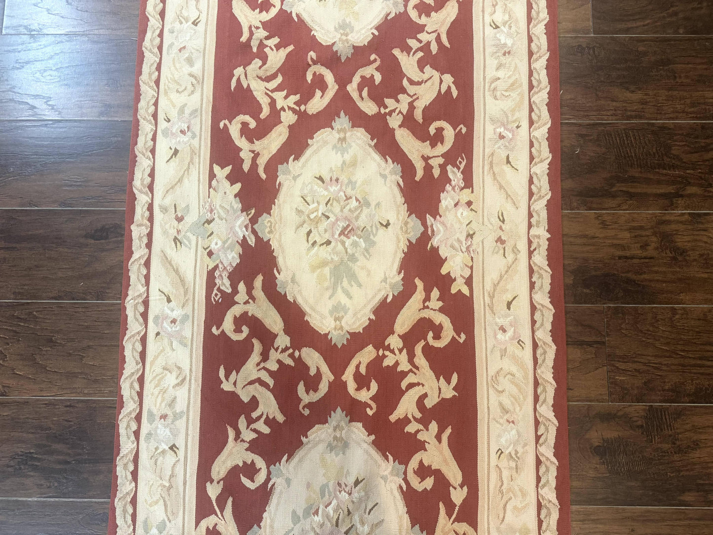 Aubusson Runner Rug 3x10 Handmade Wool European Design in Red and Beige