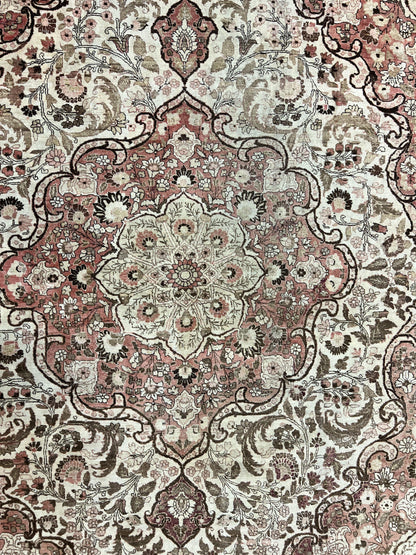 Antique Persian Tabriz Rug 10x12 Hand Knotted Wool Carpet Floral Medallion Beige and Light Red