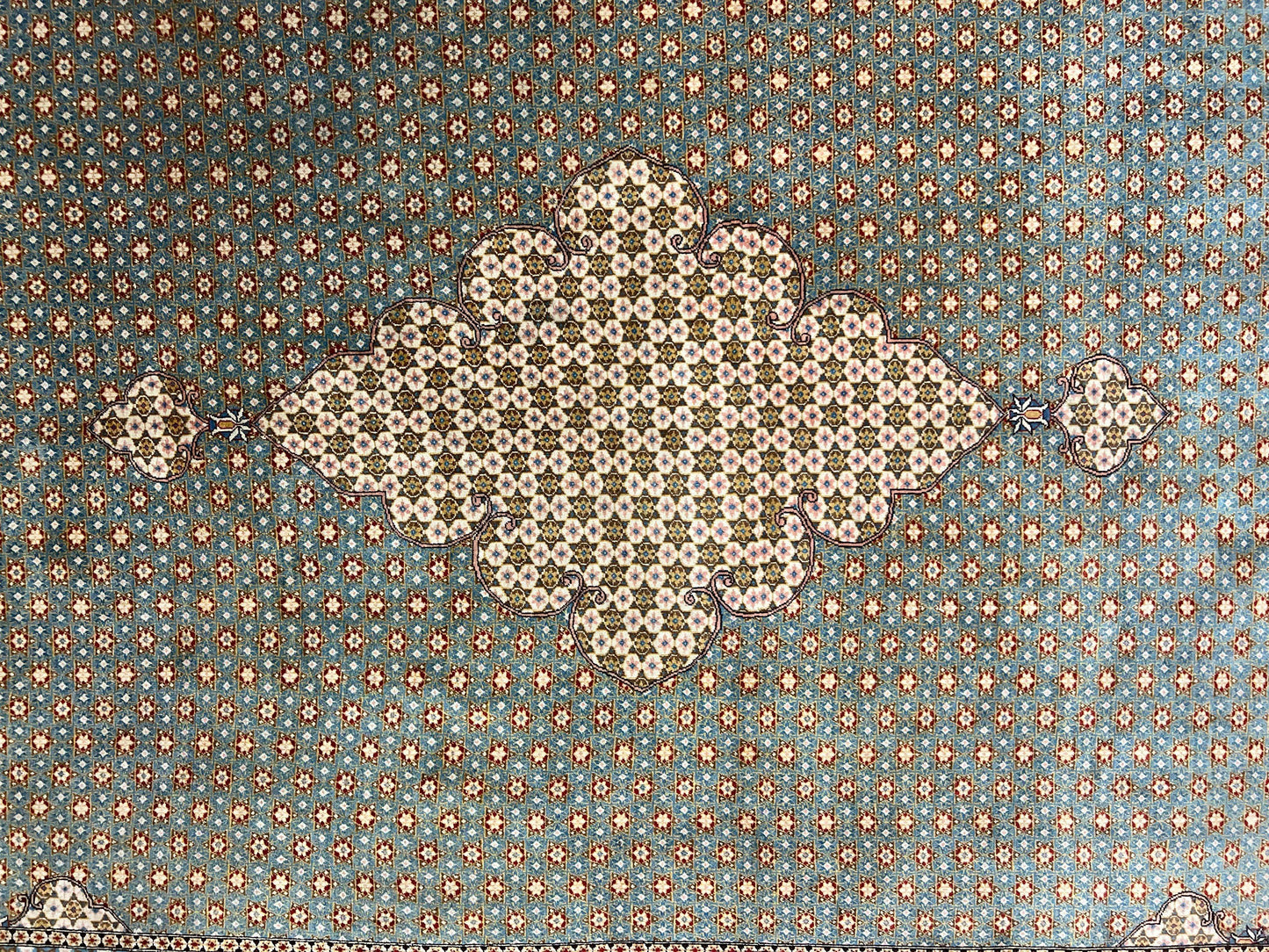 Qum Persian Rug Hand Knotted Wool 8x12 Vintage Star Motifs Blue Ivory