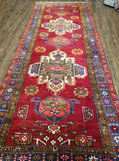 Persian Karajeh Runner Rug Antique Hand Knotted Wool 4.4 By 11 Ft Red Geometric Medallion