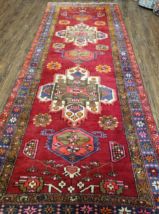 Persian Karajeh Runner Rug Antique Hand Knotted Wool 4.4 By 11 Ft Red Geometric Medallion