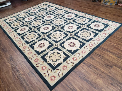 Vintage Chinese Needlepoint Rug 6x9 Handwoven Wool Panel Design Rug Black Ivory