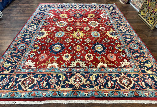 Indo Heriz Rug 8x10 Wool Handmade Carpet With Red And Navy Allover Pattern