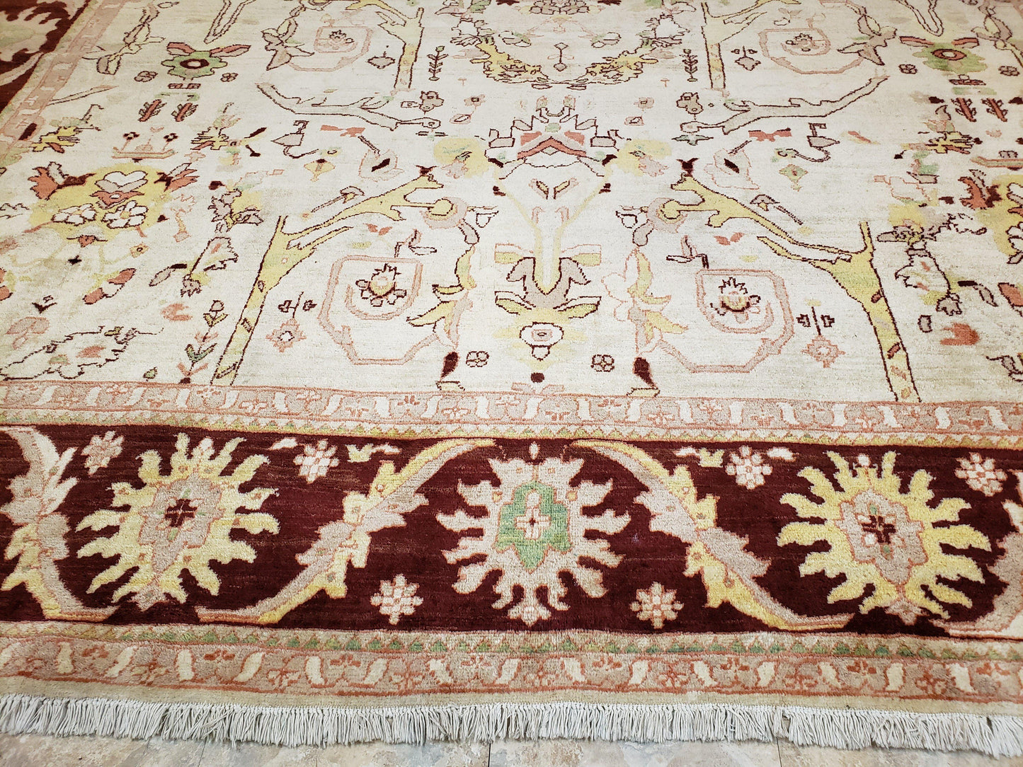 Peshawar Rug Hand Knotted Handmade Wool Oushak Style 10x15 Beige and Maroon Living Room Rug